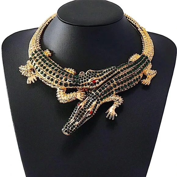 Gold Mint Green Crocodile Alligator Choker Statement Necklace Double Headed - Picture 4 of 4